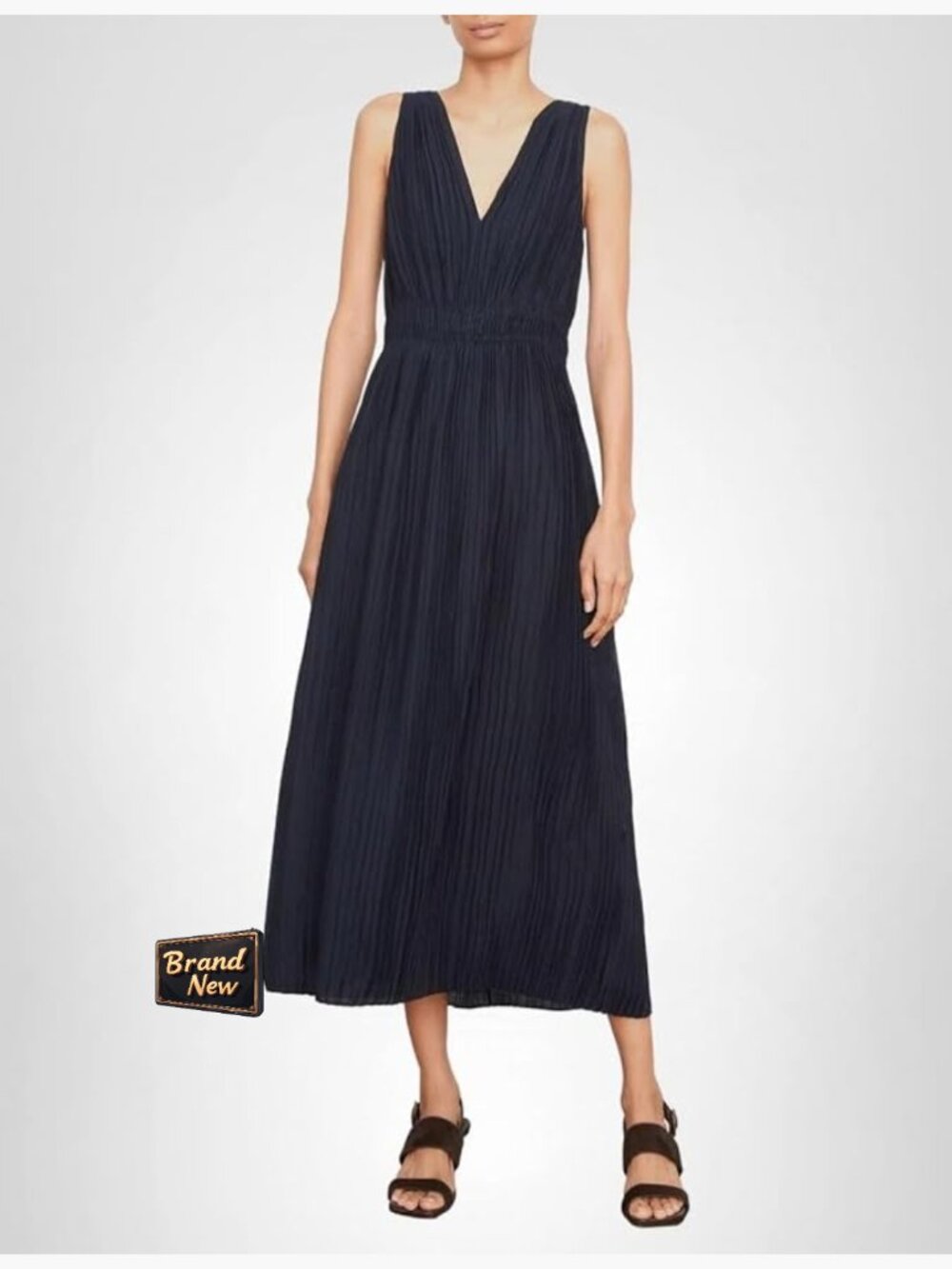 Pleated Dbl V-Neck Dress Sleeveless A-Line Midi
